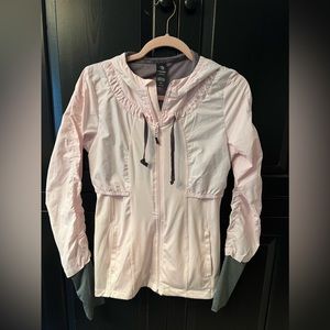 MPG size small light pink ruffled zip up nylon jacket with hood